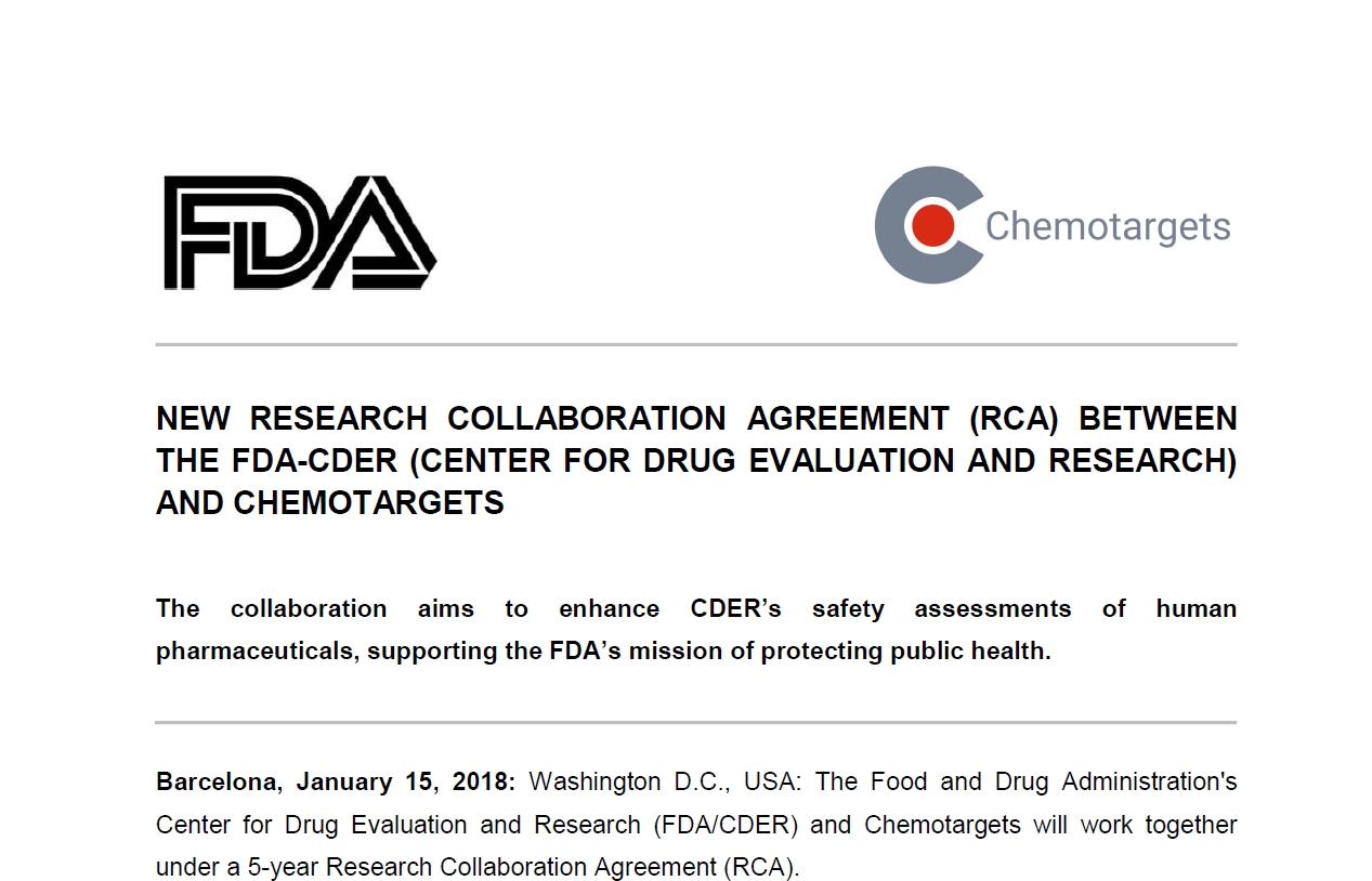 New Research Collaboration Agreement (RCA) between the FDA-CDER (Center for Drug Evaluation and Research) and Chemotargets SL.