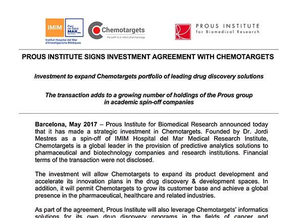 Prous Institute Signs Investment Agreement With Chemotargets